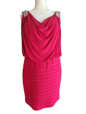 Scarlett Red Embellished Shoulder Draped Midi Dress Sz 12 Tiered Cocktail Party